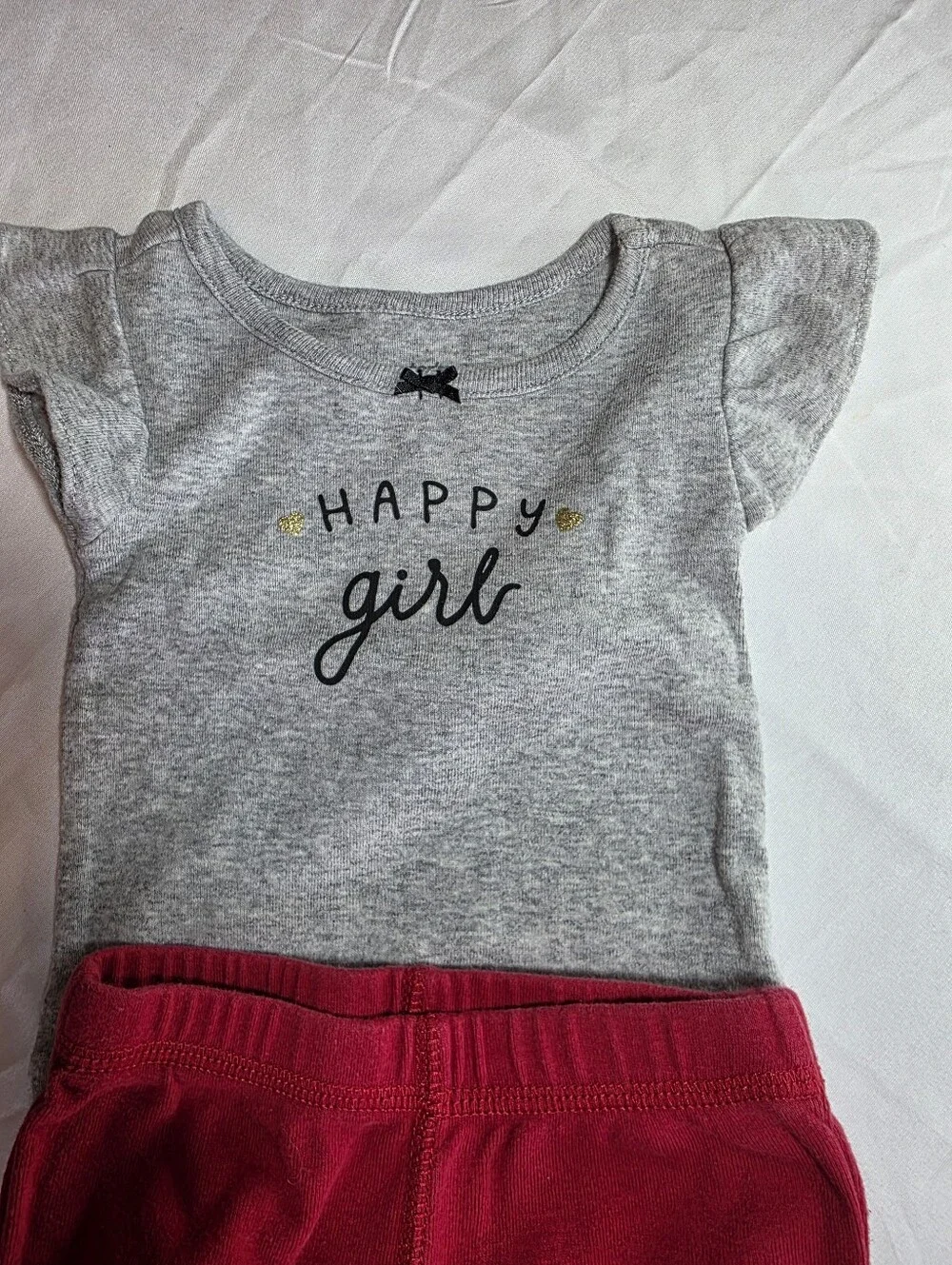 Happy Girl Carters Gray Onesie with Cherry Red Penguin Pants 6 Months EUC